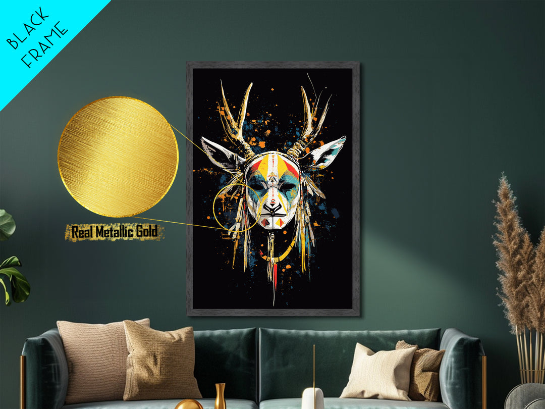 Deer Horn Mask Metallic Gold Metal Print, Tribal Wall Art With Real Wood Frame, Ethnic Splatter Style Bold Wall Accent