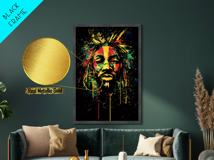 Rastafarian Portrait Metallic Gold Metal Print, Vibrant Cultural Wall Art With Real Wood Frame, Bold Splatter Style Decor