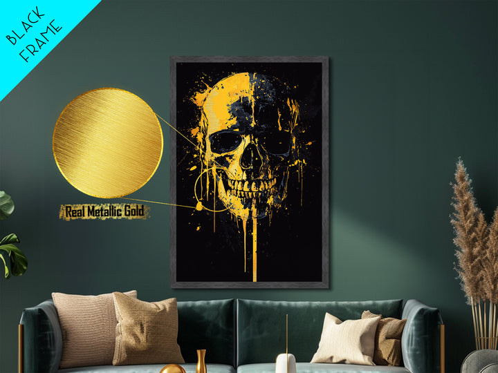 Dripping Skull Metallic Gold Metal Print, Gothic Wall Art, Dark Decor, Edgy Skull Artwork, Real Wood Frame, Modern Statement Piece