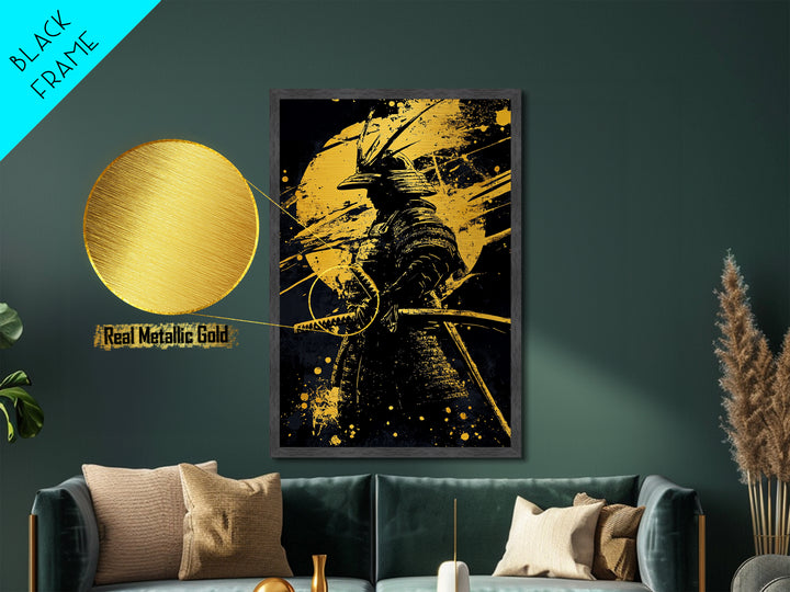 Samurai Warrior Metallic Gold Metal Print, Japanese Art, Martial Wall Decor, Bushido Inspired Artwork, Real Wood Frame, Bold Statement Piece