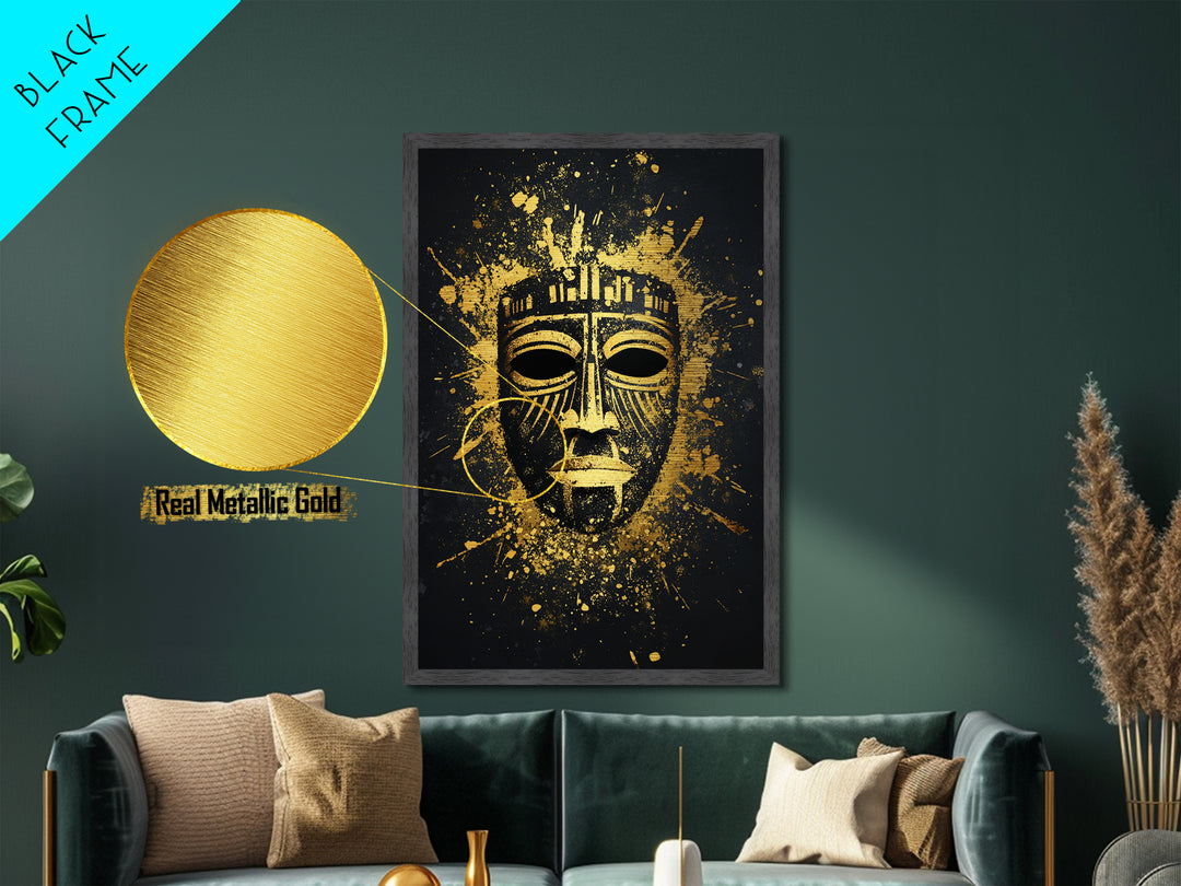 Mystical Tribal Mask Metallic Gold Metal Print, Abstract Wall Art, Bold Statement Decor, Real Wood Frame, Unique Splatter Inspired Artwork