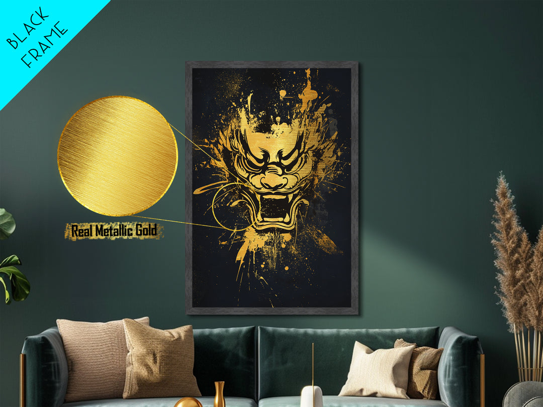 Mythical Dragon Face Metallic Gold Metal Print, Asian Inspired Art, Fierce Wall Decor, Real Wood Frame, Splatter Style Statement Artwork