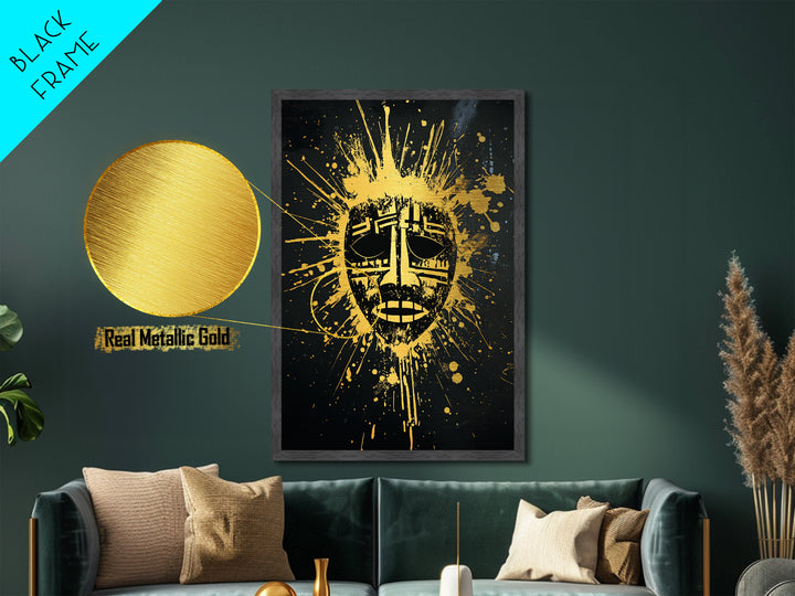 Tribal Mask Metallic Gold Metal Print, Ethnic Wall Art, Real Wood Frame, Splatter Abstract Face Decor, Modern Tribal Home Accent