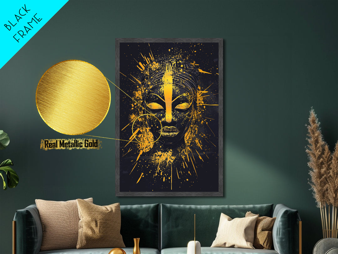 African Goddess Metallic Gold Metal Print, Ethnic Wall Art, Real Wood Frame, Splatter Portrait Art, Bold Tribal Modern Decor