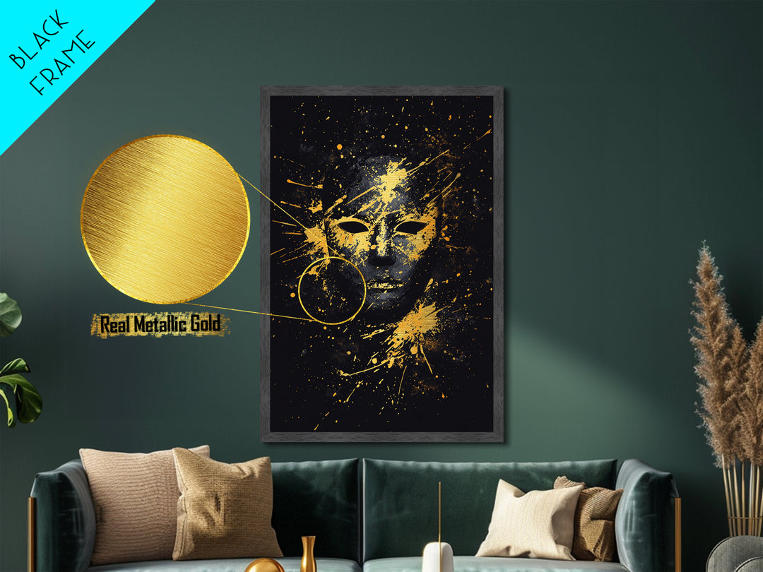 Mystical Face Metallic Gold Metal Print, Tribal Mask Art, Real Wood Frame, Splatter Abstract Decor, Cultural Ethnic Wall Accent