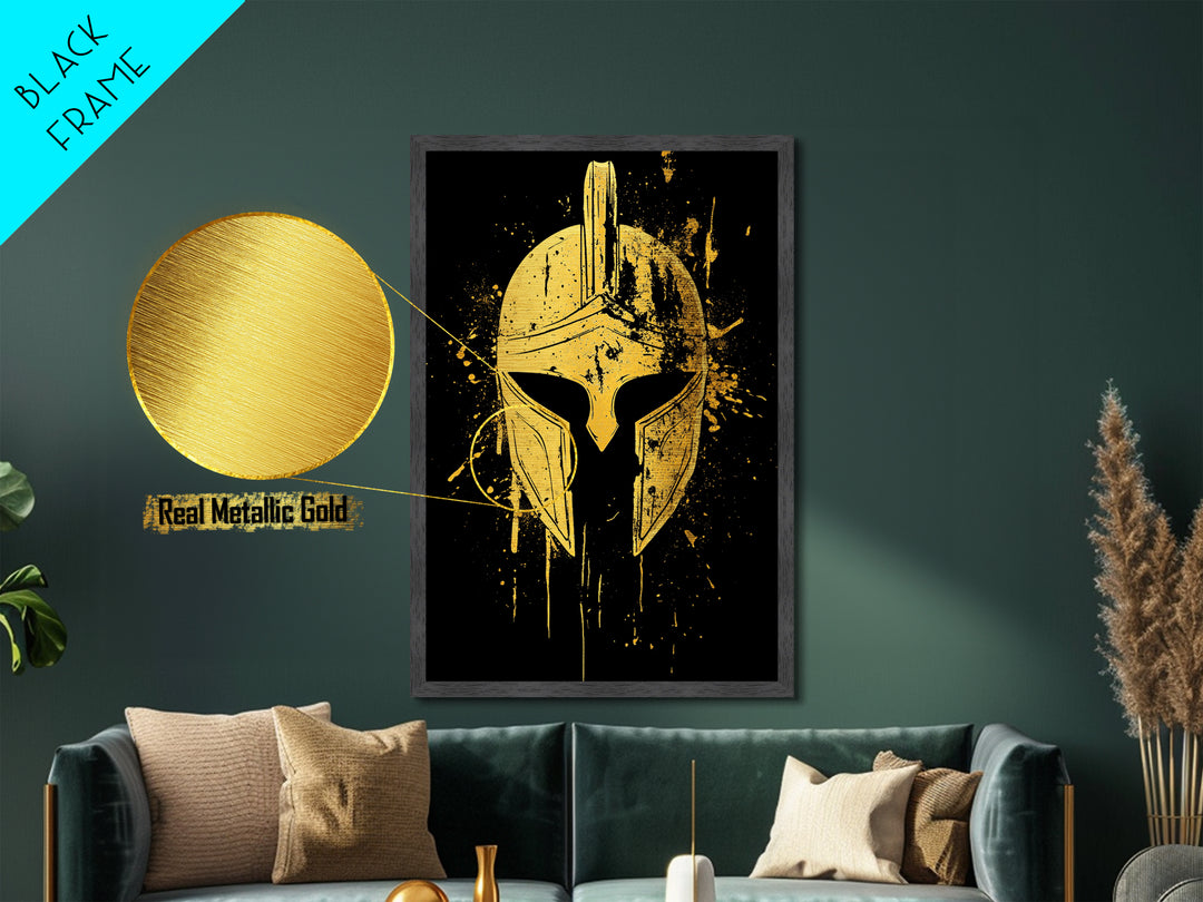Spartan Helmet Metallic Gold Metal Print, Warrior Wall Art, Real Wood Frame, Bold Historic Decor, Ancient Greek Inspired Artwork