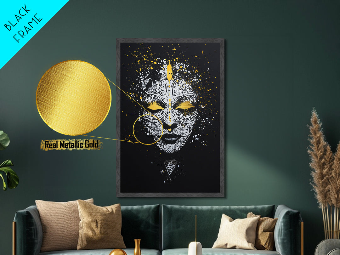 Demon Mask Metallic Gold Metal Print, Tribal Wall Art, Real Wood Frame, Mythical Splatter Art, Cultural Home Decor Accent