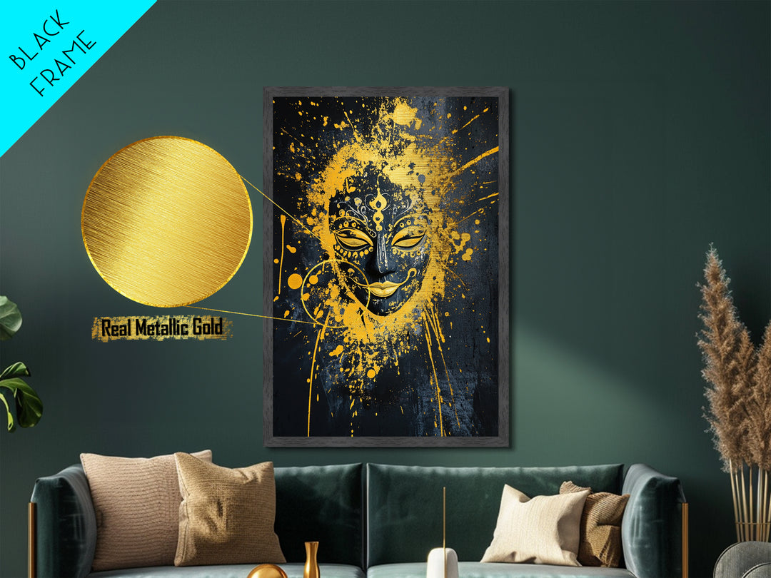 Sacred Mask Metallic Gold Metal Print, Ethnic Wall Art, Real Wood Frame, Mystical Splatter Portrait, Tribal Inspired Home Decor