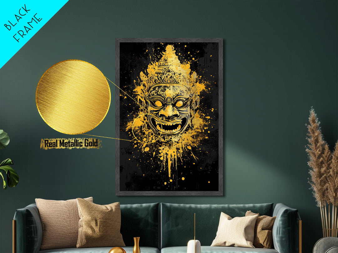 Ornamental Face Metallic Gold Metal Print, Tribal Mask Wall Art, Real Wood Frame, Ethnic Splatter Decor, Cultural Portrait Artwork