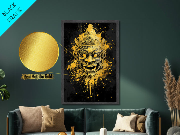 Ornamental Face Metallic Gold Metal Print, Tribal Mask Wall Art, Real Wood Frame, Ethnic Splatter Decor, Cultural Portrait Artwork