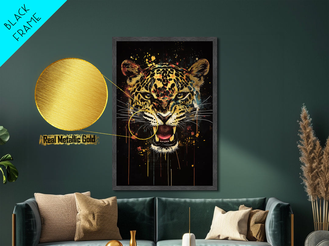 Jaguar Roar Metallic Gold Metal Print, Animal Wall Art, Real Wood Frame, Bold Wildlife Decor, Tribal Inspired Big Cat Home Accent
