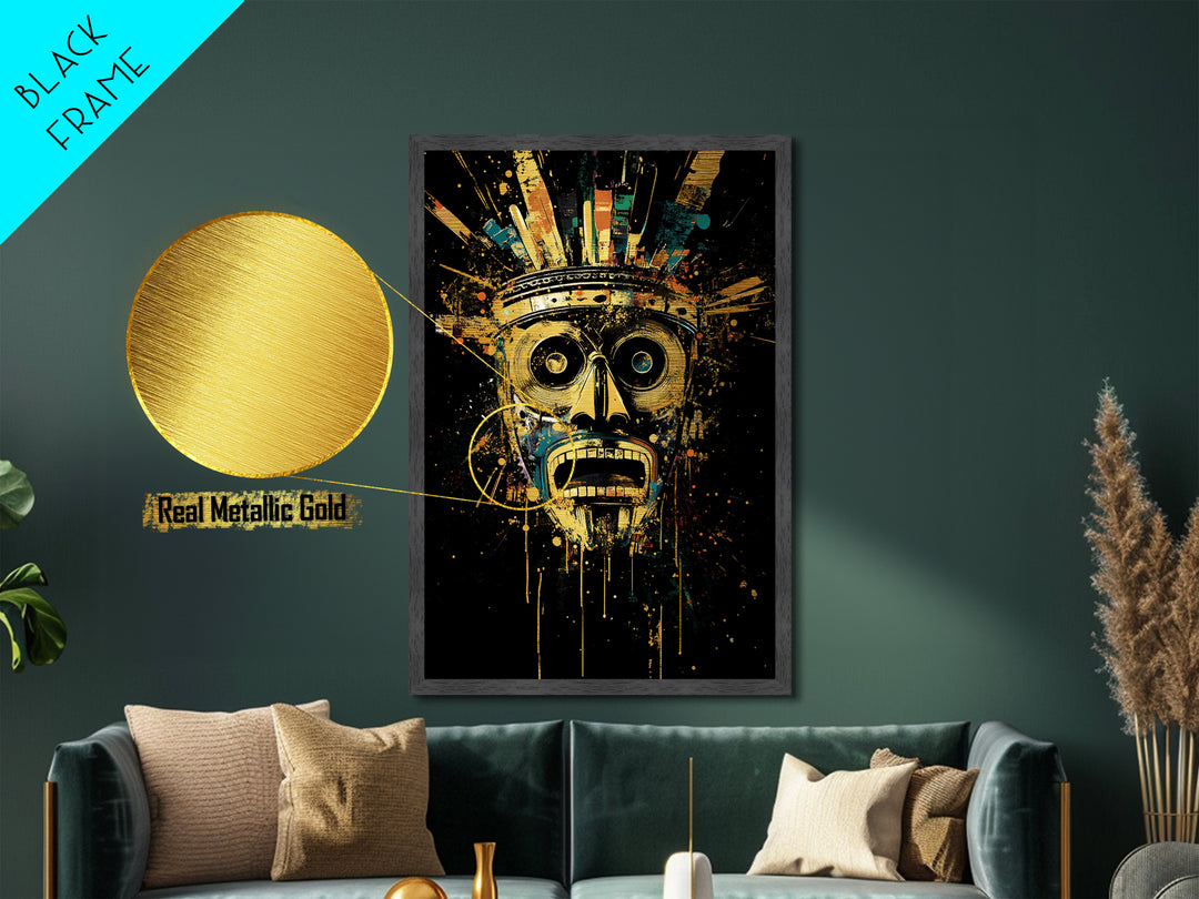 Abstract Splatter Mask Face, Metallic Gold Metal Print, Modern Tribal Wall Art, Real Wood Frame, Contemporary Statement Decor