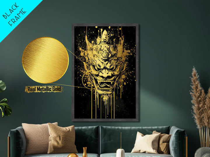 Mythical Demon Splatter Mask, Metallic Gold Metal Print, Bold Wall Art, Real Wood Frame, Fierce Cultural Decor
