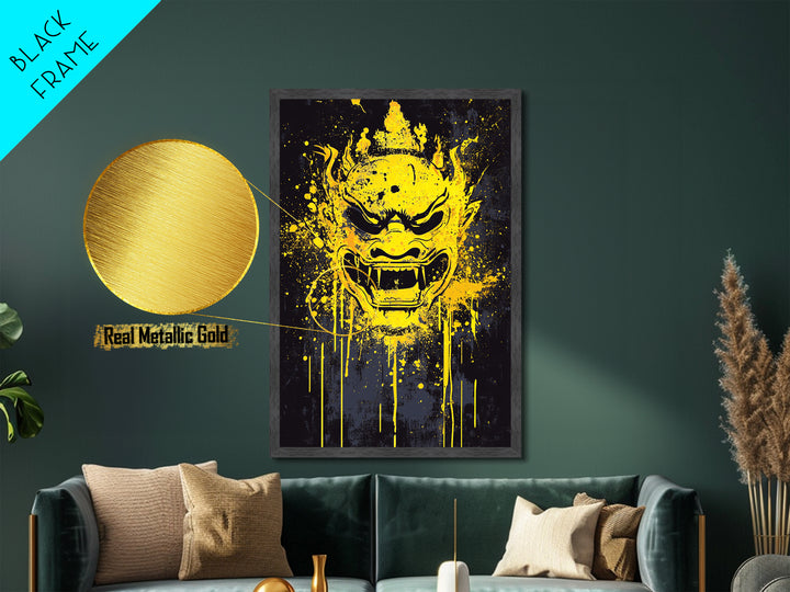 Sacred Mask Splatter Art, Metallic Gold Metal Print, Ethnic Spiritual Wall Decor, Real Wood Frame, Mystical Warrior Artwork