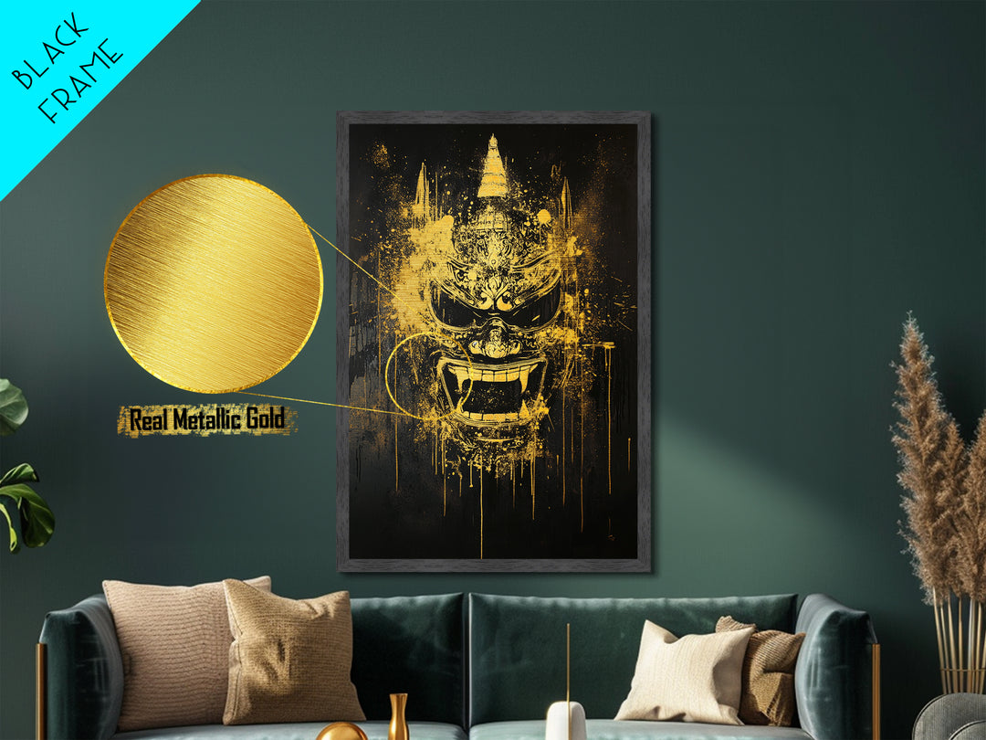 Ornate Splatter Face Mask, Metallic Gold Metal Print, Abstract Cultural Wall Art, Real Wood Frame, Detailed Tribal Artwork