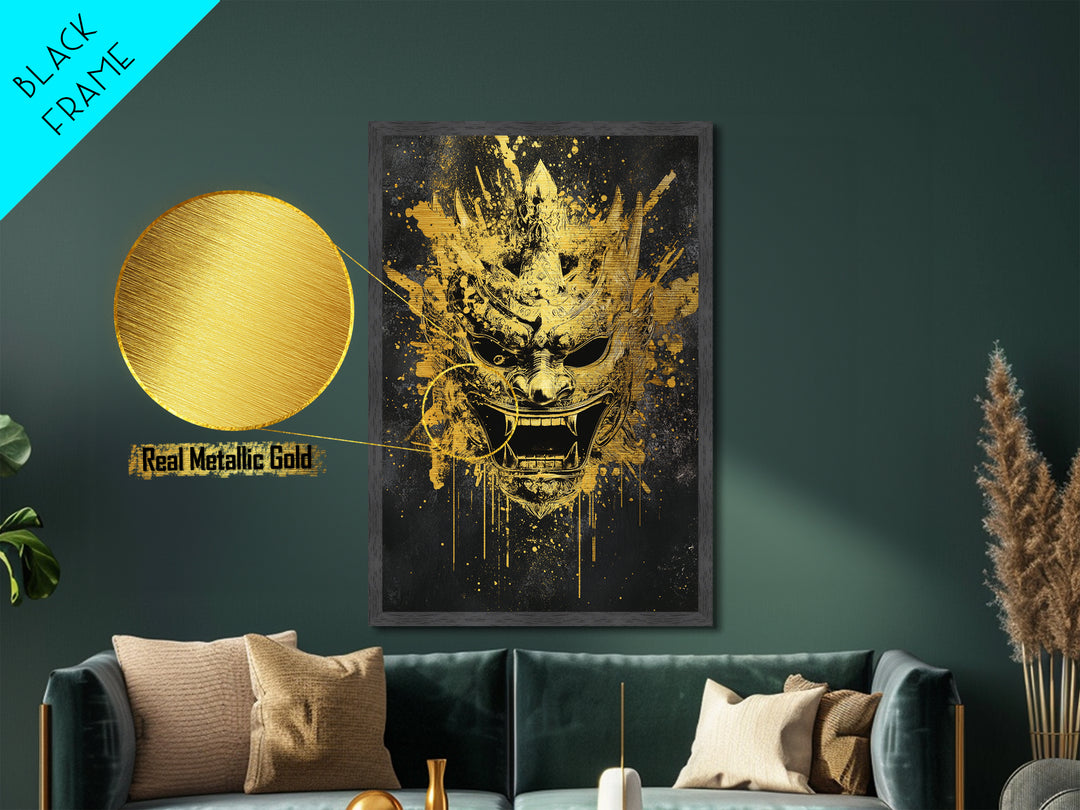 Decorative Tribal Splatter Mask, Metallic Gold Metal Print, Modern Ethnic Wall Decor, Real Wood Frame, Bold Statement Artwork