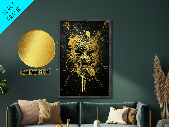 Fierce Demon Mask Metallic Gold Metal Print, Splatter Art Wall Decor, Mythical Wall Art, Real Wood Frame, Tribal Home Accent