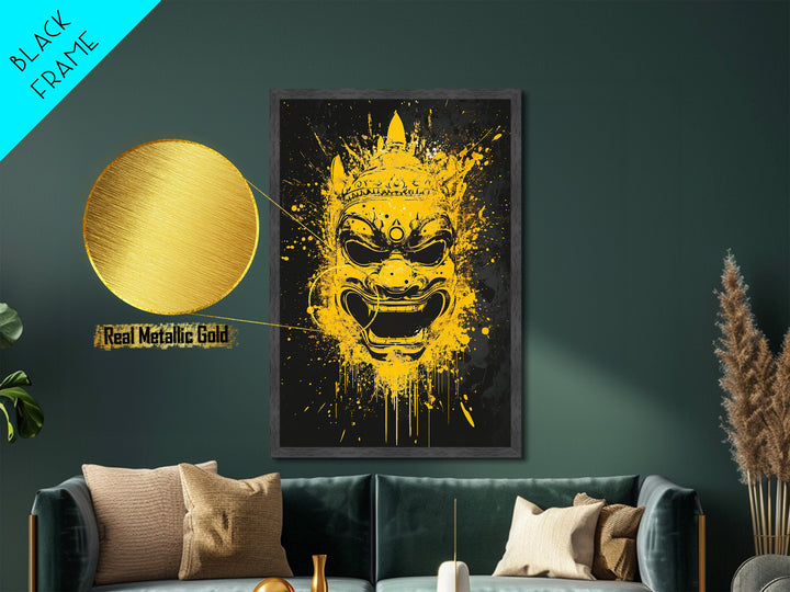 Ancient Warrior Mask Metallic Gold Metal Print, Splatter Style Wall Decor, Bold Wall Art, Real Wood Frame, Mythical Home Accent