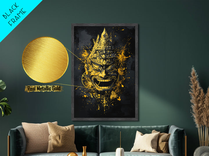Mythical Demon Mask Metallic Gold Metal Print, Splatter Style Wall Decor, Tribal Inspired Wall Art, Real Wood Frame, Bold Home Accent