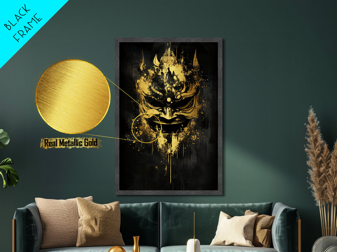 Vibrant Demon Face Metallic Gold Metal Print, Splatter Art Wall Decor, Tribal Mythical Mask, Real Wood Frame, Bold Home Accent