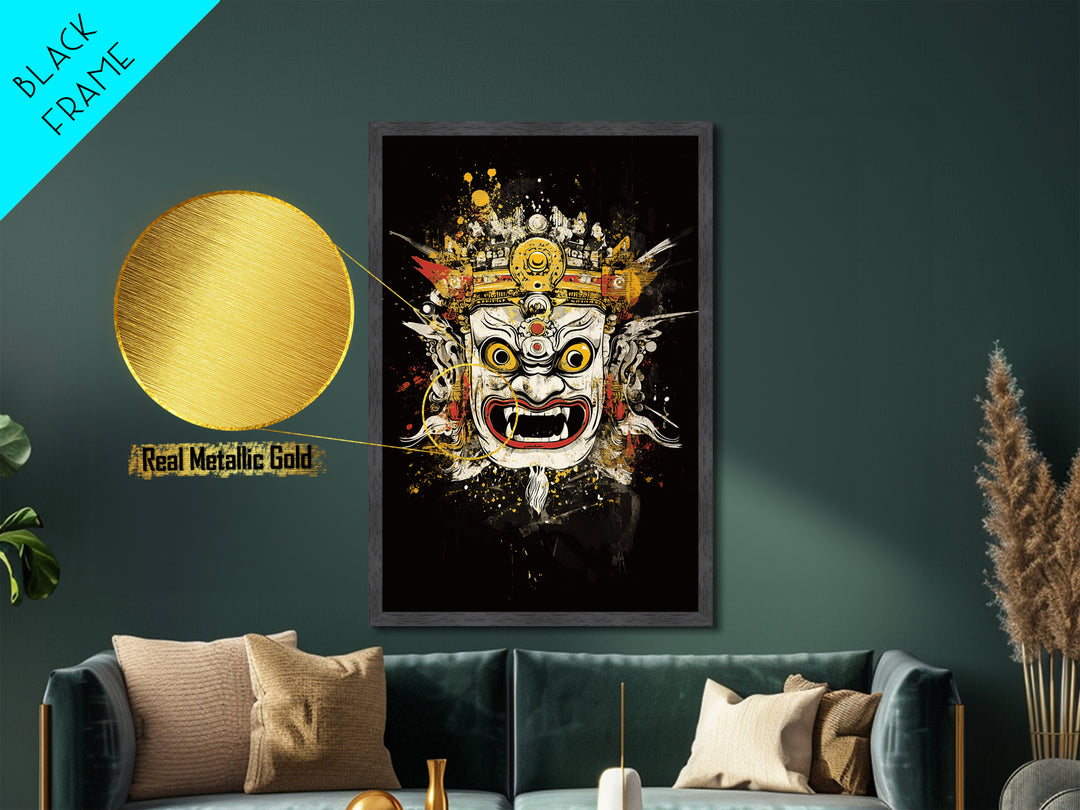 Balinese Mask Metallic Gold Metal Print, Splatter Art Wall Decor, Mythical Cultural Wall Art, Real Wood Frame, Tribal Home Accent