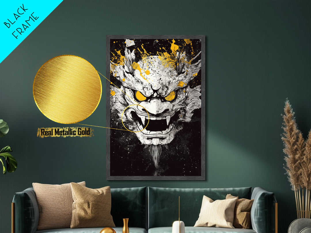 Dragon Demon Face Metallic Gold Metal Print, Splatter Style Wall Decor, Fierce Mythical Mask Art, Real Wood Frame, Tribal Home Accent