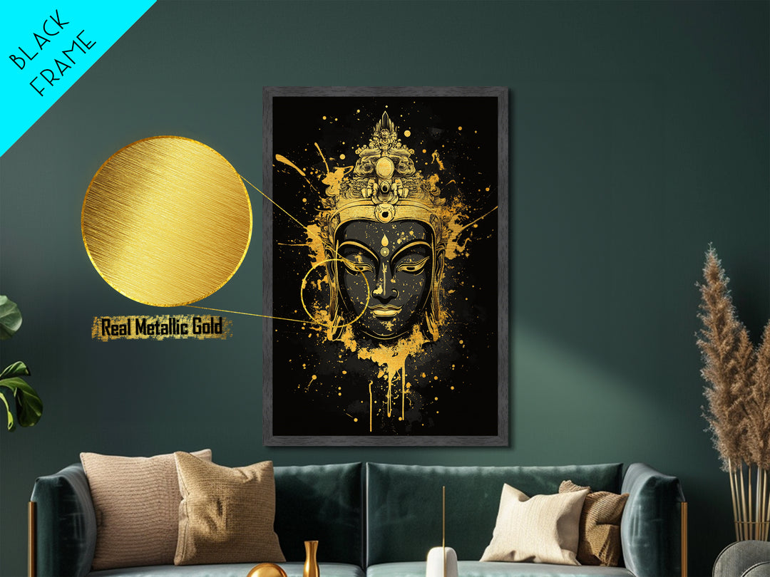 Buddha Head Metallic Gold Metal Print, Sacred Splatter Style Wall Decor, Spiritual Wall Art, Real Wood Frame, Tranquil Home Accent