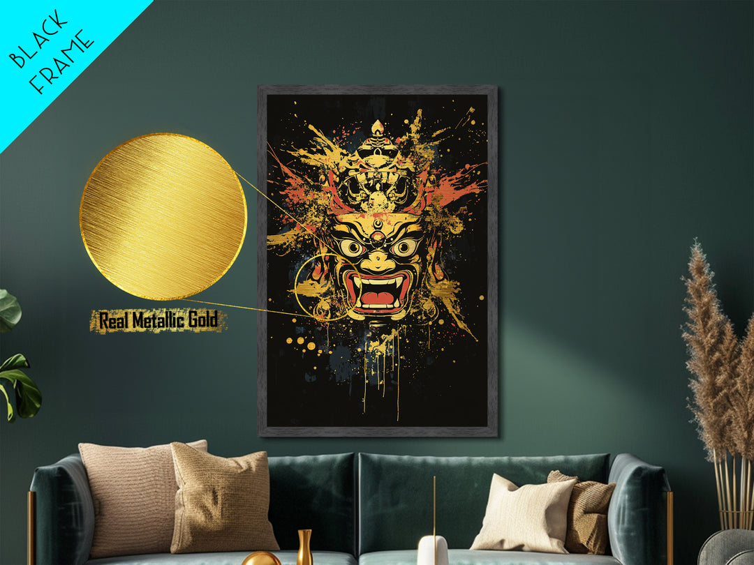 Fierce Mask Metallic Gold Metal Print, Splatter Art Wall Decor, Bold Tribal Mythical Face Art, Real Wood Frame, Statement Home Accent
