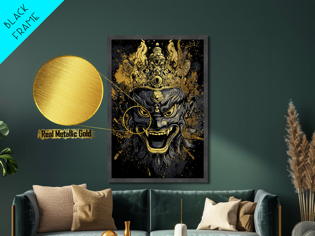 Intricate Demon Mask Metallic Gold Metal Print, Splatter Style Wall Decor, Fierce Mythical Face Art, Real Wood Frame, Tribal Accent