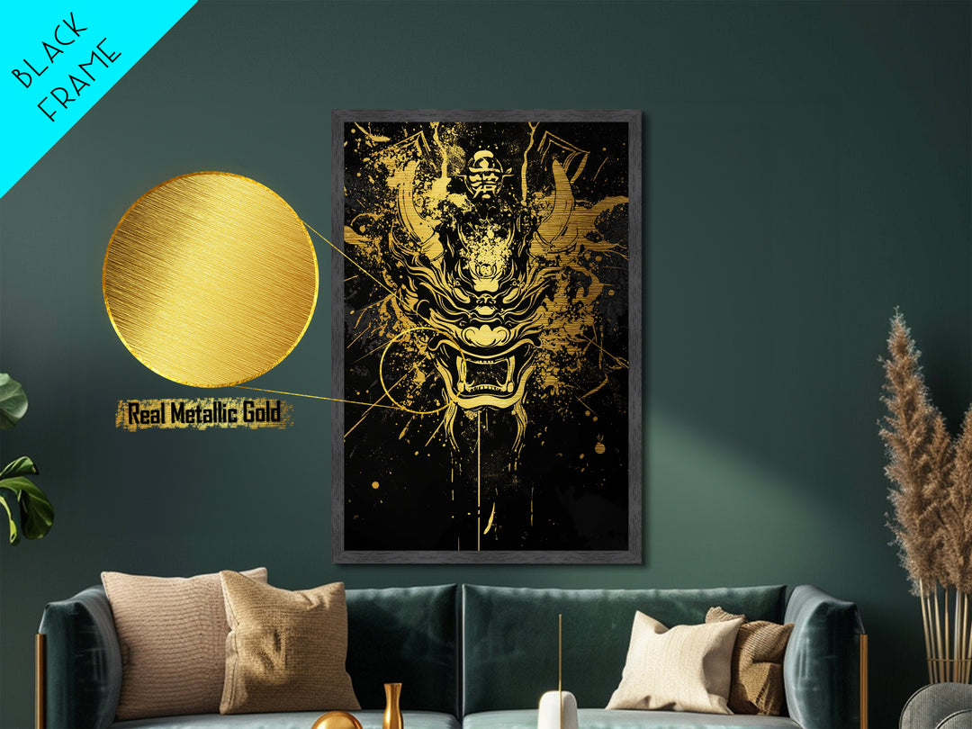 Samurai Demon Mask Metallic Gold Metal Print, Splatter Style Wall Decor, Warrior Inspired Wall Art, Real Wood Frame, Tribal Home Accent