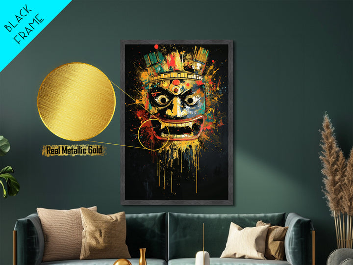 Aztec Warrior Mask Metallic Gold Metal Print, Tribal Wall Art, Splatter Style Decor, Real Wood Frame, Bold Statement Piece