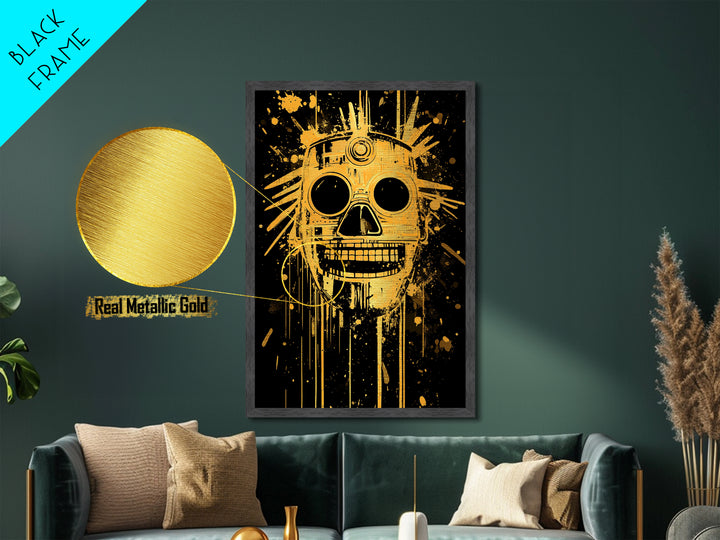 Inca Sun God Mask Metallic Gold Metal Print, Ancient Tribal Wall Art, Splatter Ink Style, Real Wood Frame, Bold Home Decor