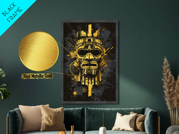 Aztec Chief Mask Metallic Gold Metal Print, Tribal Heritage Wall Art, Splatter Ink Style, Real Wood Frame, Striking Home Accent