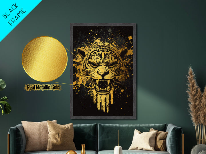 Jaguar Warrior Metallic Gold Metal Print, Aztec Animal Spirit Wall Art, Splatter Ink Style, Real Wood Frame, Fierce Tribal Decor
