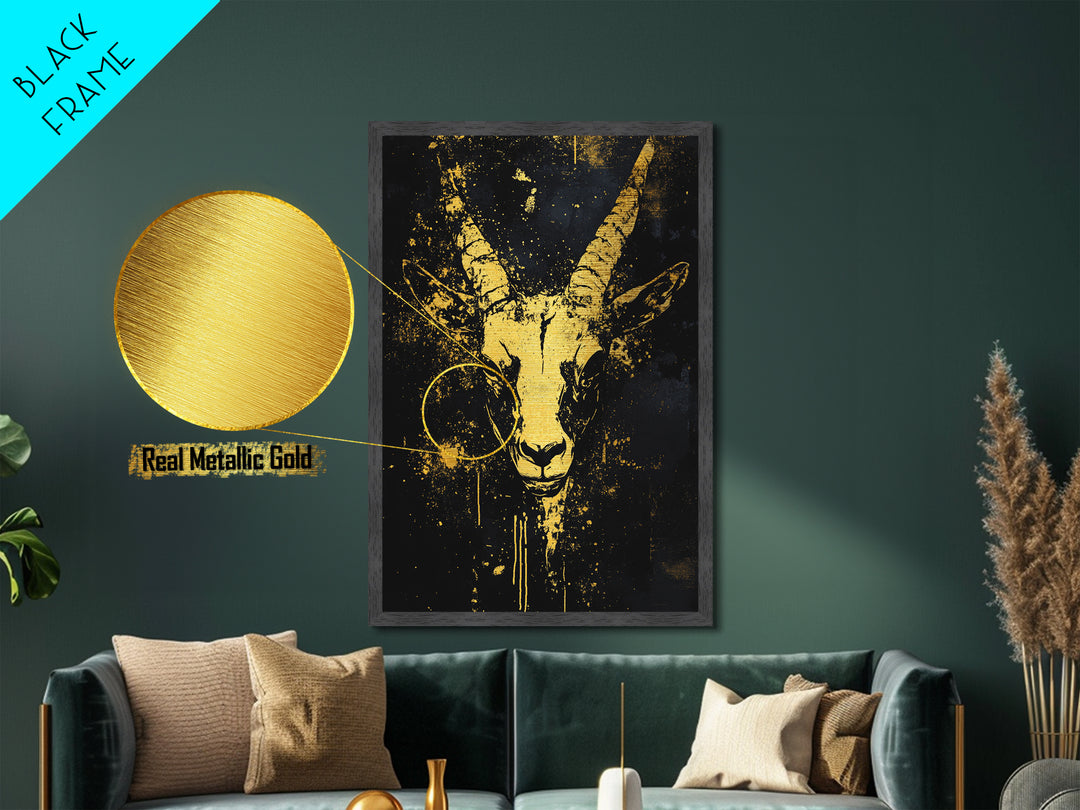 Antelope Spirit Metallic Gold Metal Print, Tribal Wildlife Wall Art, Splatter Style Ink, Real Wood Frame, Minimalist Statement Decor