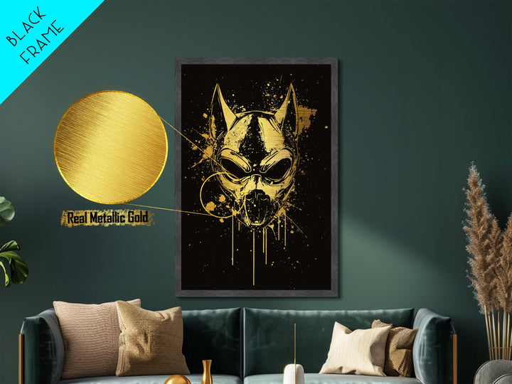 Dog Spirit Mask Metallic Gold Metal Print, Tribal Guardian Wall Art, Splatter Style Ink, Real Wood Frame, Fierce Bold Home Decor