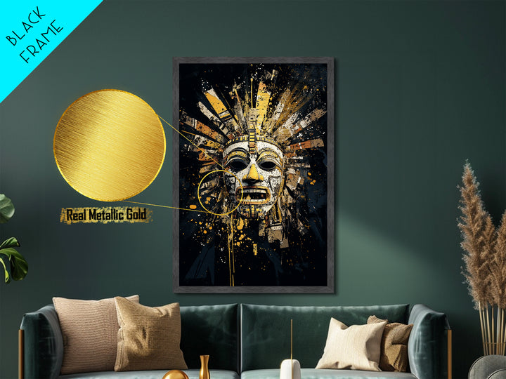 Aztec Feather Headdress Metallic Gold Metal Print, Ornate Tribal Face Artwork, Mythic Wall Decor, Real Wood Frame