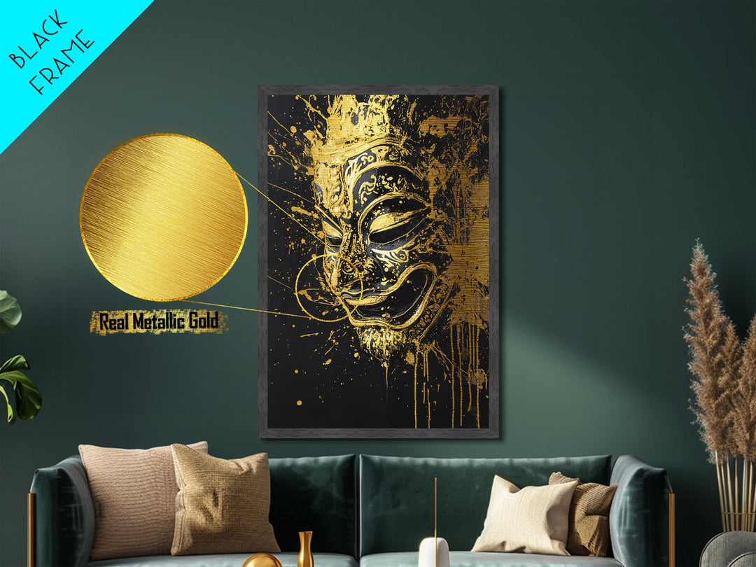 Traditional Mask Metallic Gold Art, Intricate Wall Art, Cultural Spirit Artwork, Real Wood Frame, Unique Splatter Pattern Home Decor