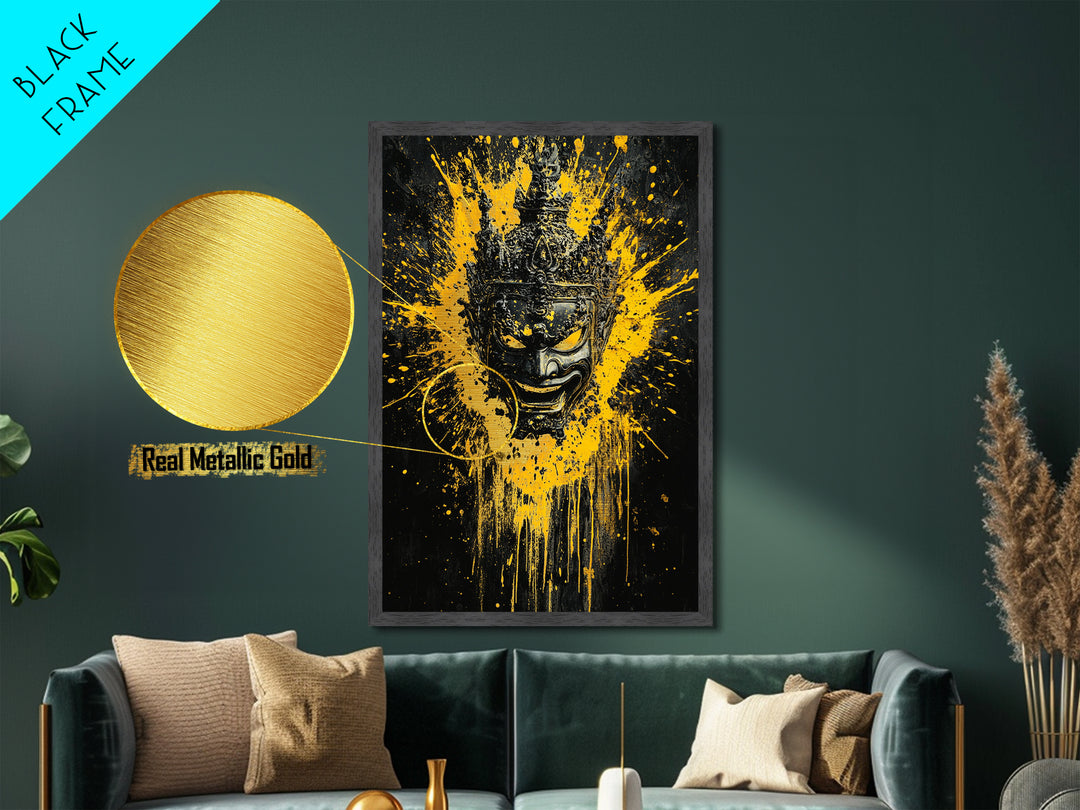 Tribal Mask Metallic Gold Metal Print, Modern Splatter Art, Cultural Wall Decor, Bold Tribal Artwork, Real Wood Framed