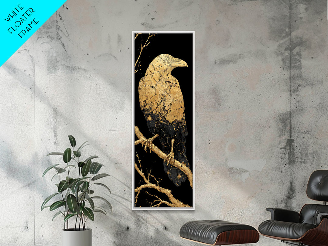Odin’s Raven Huginn Canvas Gold Art Canvas Art, Norse Mythology Viking Wall Decor for Office or Man Cave, framed with real wood