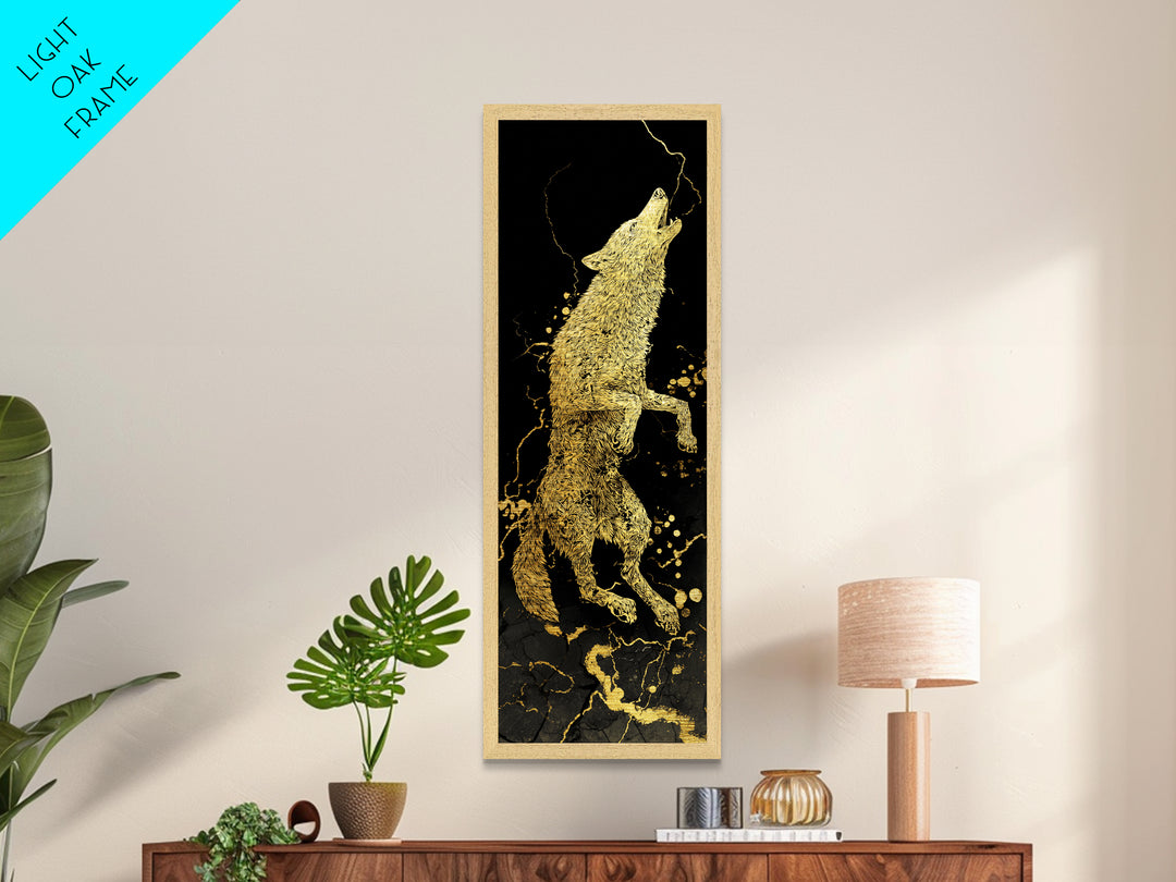 Wolf Fenrir Norse Mythology Metallic Gold Art Metal Art, Viking Office Wall Decor for Men, framed in natural real wood
