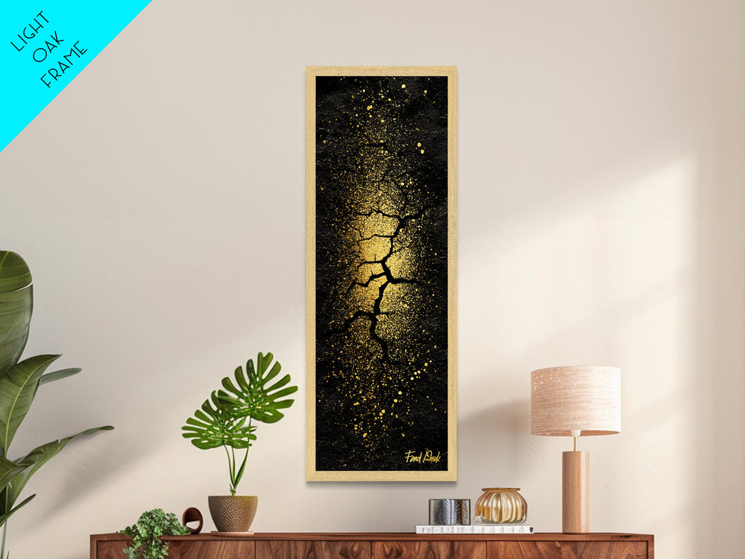 Cracked Earth Norse Ragnarok Metallic Gold Art Metal Art, Nordic Mythology Abstract Wall Decor, framed in handcrafted wood