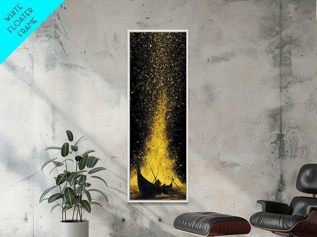 Viking Funeral Ship Canvas Gold Art Canvas Art, Norse Mythology Wall Decor for Dad Gift or Office, framed in rustic wood