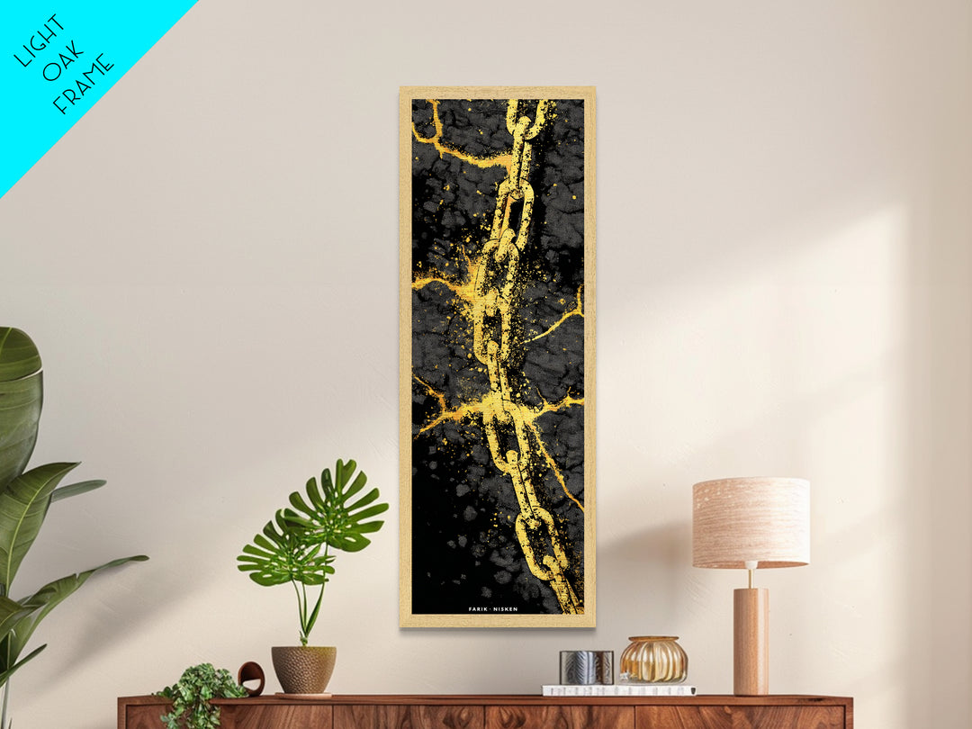 Gleipnir Chain of Fenrir Metallic Gold Art Metal Art, Norse Mythology Viking Decor for Man Cave, in a natural wood frame