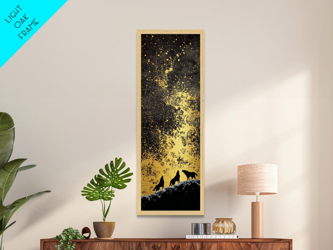Howling Wolves Norse Night Metallic Gold Art Metal Art, Nordic Mythology Wall Art for Men’s Office, framed with real wood