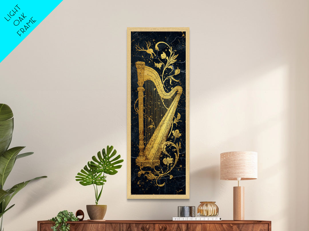 Golden Harp Nordic Wall Art, Wood Framed Metal Art, Metallic Gold Art, Gold Leaf, Gold Foil Art