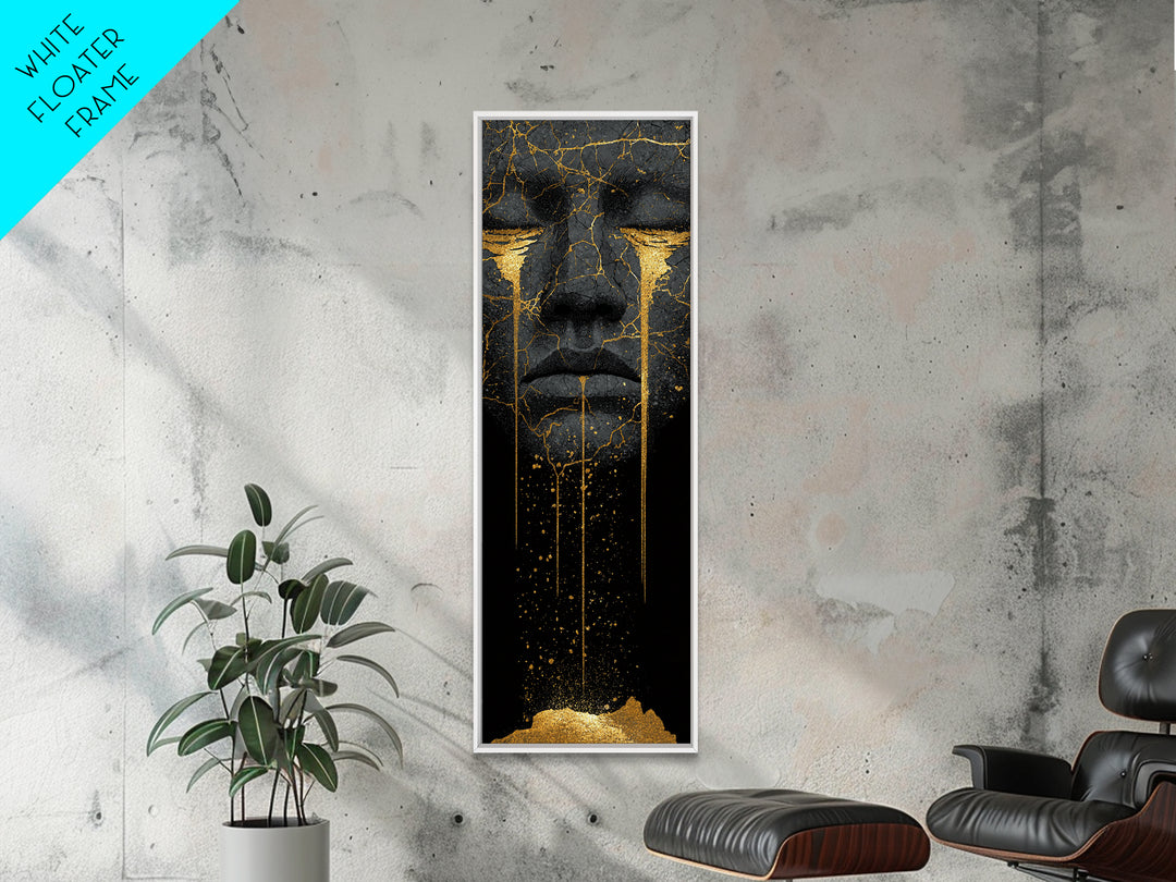 Crying Norse Mask Canvas Gold Art Canvas Art | Nordic Mythology Wall Decor for Man Cave or Office | Framed in Natural Wood