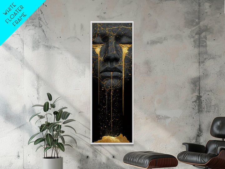 Crying Norse Mask Canvas Gold Art Canvas Art | Nordic Mythology Wall Decor for Man Cave or Office | Framed in Natural Wood