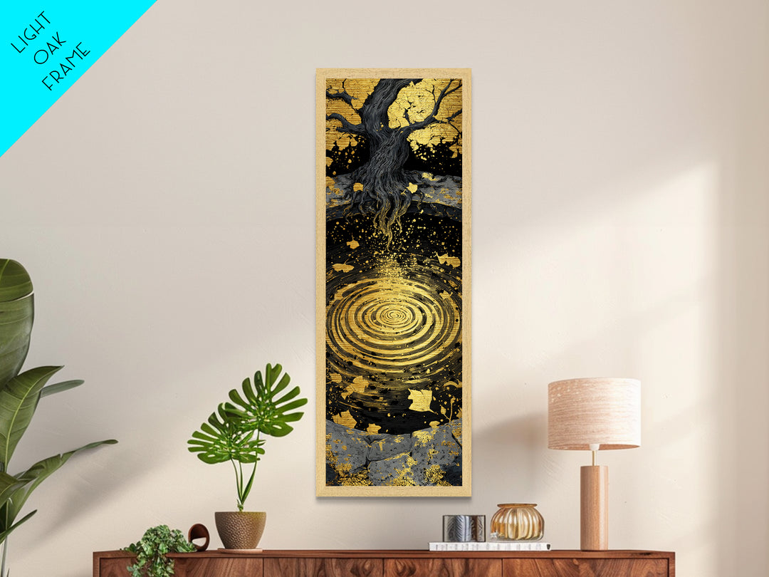 Yggdrasil Tree Metallic Gold Art Metal Art | Nordic Mythology Wall Art of World Tree | Viking Office Decor Framed with Natural Wood