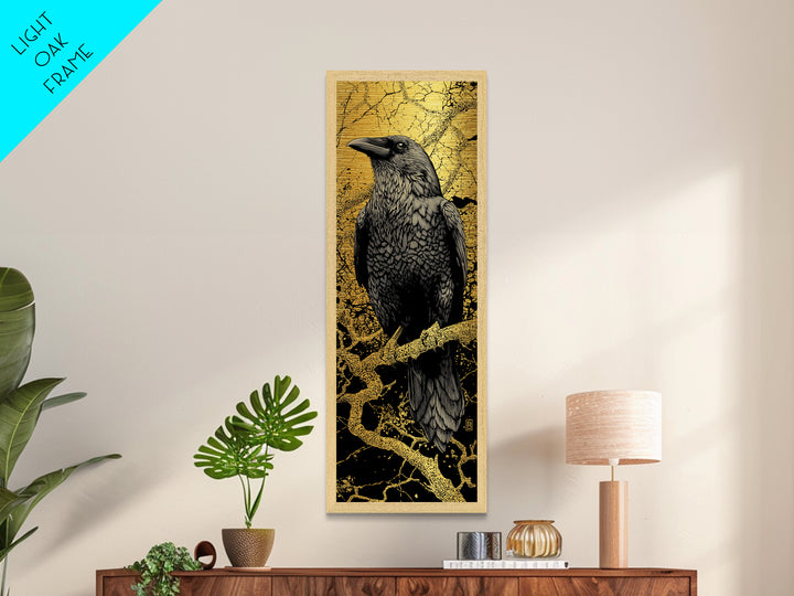Hugin Raven Metallic Gold Art Metal Art | Nordic Mythology Wall Decor of Odin’s Raven | Viking Office Art Framed in Natural Wood